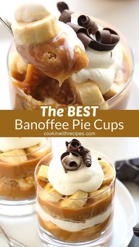 The BEST Banoffee Pie Cups Recipe - The much loved banana toffee pie made even simpler in cute little individual cups! With layers of digestive biscuit crust, dulce de leche, banana slices and whipped cream, this no-bake “pie” is dangerously delicious and a cinch to make! Toffee Pie, Easy Banoffee Pie, Food Truck Desserts, Banana Toffee, Pie Cups, Banoffee Pie Recipe, Biscuit Crust, Bbq Party Food, Individual Pies