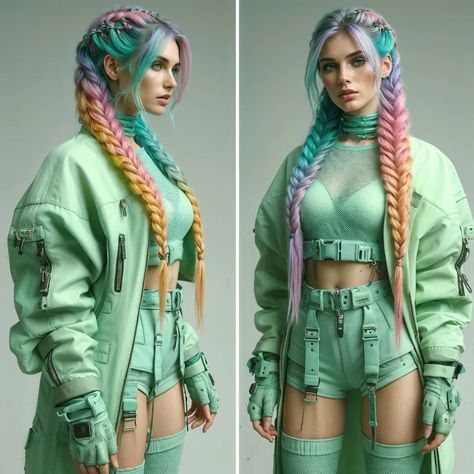 Cyberpunk Vibes #aiart #aiartcommunity #aiartist #aiphotography #cyberpunkstyle #cyberpunk #multicoloured #braids #dalle3 #aiartofinstagram #generativeart #visualart #digitalart #digitalphotography #scifi #aifashion #aifashionphotography Vaporwave Outfit Aesthetic, Casual Cyberpunk Outfit, Pink Cyberpunk Outfit, Cyberpunk Inspired Outfit, Cyberpunk Outfit Ideas, Scifi Oc, Pastel Cyberpunk, Comfy Rave Outfit, Cyberpunk Outfit Women