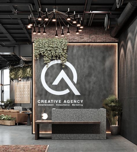 Commercial Office Reception Area, Modern Office Reception Design Interiors, Open Front Desk, Cool Office Reception Area, Office Reception Area Design Modern, Medical Office Waiting Room Ideas, Modern Masculine Office Business, Commercial Reception Area, Industrial Restroom Design