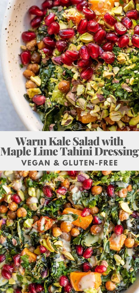 This cozy warm kale salad topped with a sweet and tangy maple lime tahini dressing is the best way to get your veggies in during the colder months. Hearty, tasty and easy to make for lunch or dinner. Warm Vegan Salad, Healing Vegan Recipes, Hearty Vegan Salad, Vegan Warm Salad, Vegan Fall Salad Recipes, Warm Kale Salad Recipes, Menstrual Food, Epic Salads, Weird Recipes