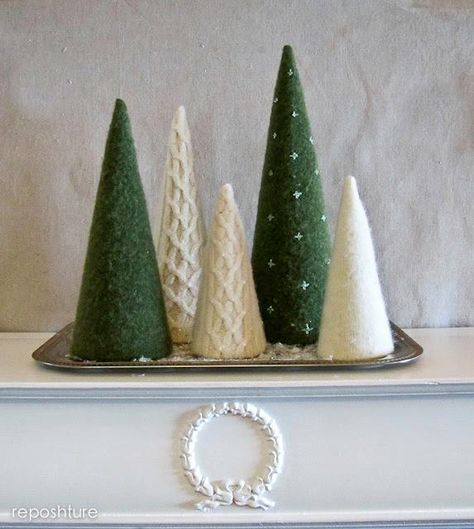 Sweater Candle Holder, Sweater Candles, Sweater Projects, Repurposed Sweaters, Sweater Crafts, Recycled Sweaters, Cone Trees, Cone Christmas Trees, Alternative Christmas Tree