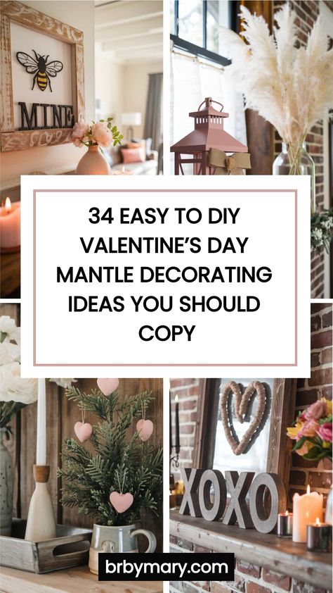 Valentine’s Day is the perfect time to cozy up your home and add some romance to your decor, and the mantle is a great place to start. Here are my favorite 34 Easy To DIY Valentine’s Day Mantle Decorating Ideas that you can easily put together or even DIY for some of them! Black And Gold Valentine Decor, Fireplace Valentine Decor Mantle Ideas, Valentines Decor Mantle, Valentine’s Day Farmhouse Decor, Valentine's Mantle Decor, Valentines Shelf Decor Ideas, Valentine Winter Decor, Valentines Day Mantel Decorating Ideas, Valentines Decorations For Home Mantels