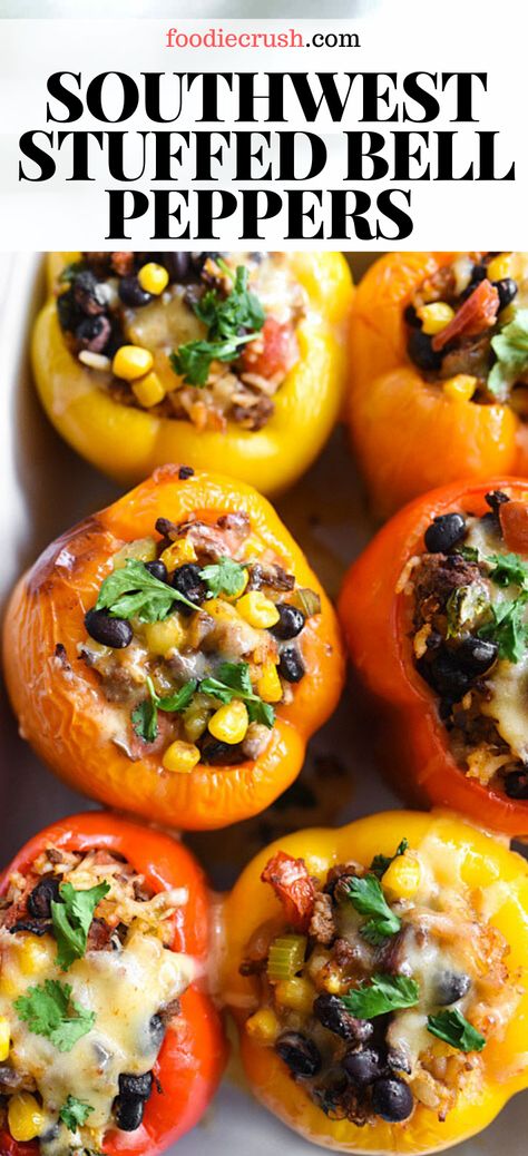 Stuffed Bell Peppers Beef, Recipe Using Bell Peppers, Stuffed Yellow Pepper Recipes, Pepper Stuffed, Healthy Lean Dinner Recipes, Chili Stuffed Peppers, Dinner Ideas With Peppers, Southwest Dinner Recipes, Rainbow Peppers Recipe