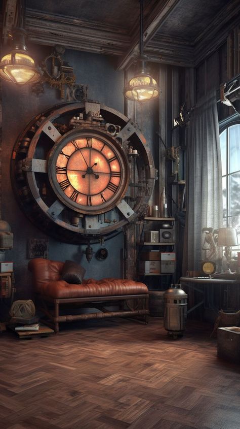 Steampunk: Retro-Futuristic Aesthetics for Your Home Industrial Steampunk Interior Design, Redecorate On A Budget, Interior Design Victorian, Creative Accent Wall Ideas, Steampunk Interior Design, Creative Accent Wall, Affordable Room Decor, Steampunk Rooms, Steampunk Interior