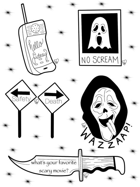 Scream Flash Art, Scream Tattoo Ghostface Outline, Small Horror Movie Tattoos Simple, Ghostface Flash Tattoo, Scream Flash Tattoo, Mini Horror Tattoos, Scream Doodles, Horror Patchwork Tattoo, Simple Horror Movie Tattoos