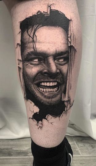 The Shining Tattoo Horror Tattoo Portrait, Jack Torrance Tattoo, Horror Movie Tattoos Realism, Shining Tattoo Ideas, Horror Character Tattoos, Shinning Tattoos, The Shining Tattoo Ideas, Jack Nicholson Tattoo, The Conjuring Tattoo