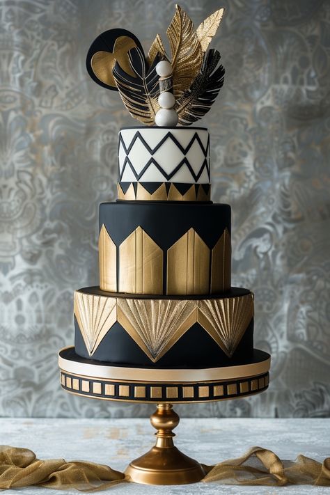 Roaring Twenties Elegance: Chic Art Deco Birthday Cake Art Deco Cake Birthday, Great Gatsby Cake Ideas, Roaring 20s Cake, 1920s Cake, Great Gatsby Cake, Black And Gold Birthday Cake, Gatsby Cake, Art Deco Birthday, Birthday Cake Aesthetic