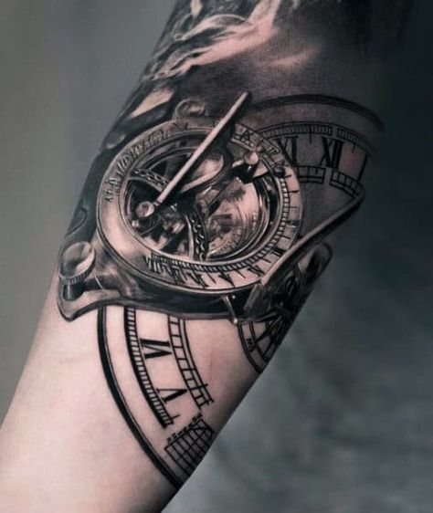 Sundial Tattoo, Tato Jam, Steampunk Tattoo Design, Tattoo Guide, Steampunk Tattoo, Timeless Tattoo, Hourglass Tattoo, Clock Tattoo Design, Tattoo Trend