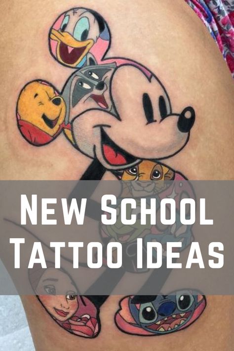 Check out our website for more Tattoo Ideas 👉 positivefox.com #newschooltattoos New School Disney Tattoo, 80 Cartoon Tattoos, 90s Sleeve Tattoo, Disney Forearm Tattoo, New School Tattoo Designs Sketches, 90s Cartoon Tattoos Ideas, Comic Style Tattoo, Cartoon Style Tattoos, 80s Tattoo Ideas