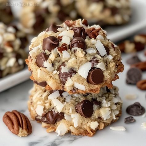 Chocolate Pecan Coconut Cookies | Easy Recipe - Recipes By Clare Chocolate Chip Pecan Coconut Cookies, Toasted Coconut Chocolate Chip Cookies, Coconut Candies Recipes, No Bake Coconut Pecan Cookies, Dark Chocolate Coconut Cookies, Chocolate Pecan Coconut Cookies, 3 Ingredient Coconut Cookies, Sweetened Coconut Recipes, Cookie Recipes Coconut