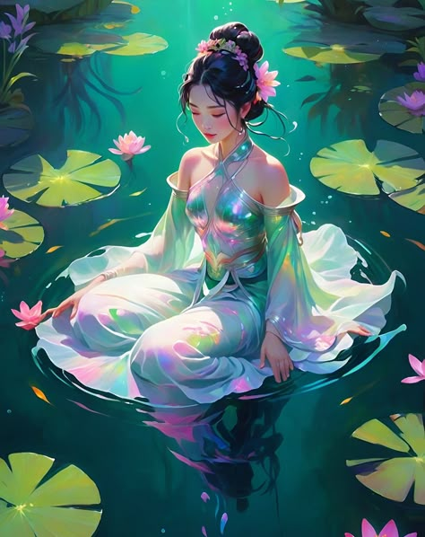 A lady in style of Goddess in water lake surrounded with lotus #aiart #art #goddess #water #lotus Goddess Water, Dollars Money Wallpaper, Wallpapers Girl, Dollars Money, Water Goddess, Money Wallpaper, Night Clouds, Dark Black Wallpaper, Water Nature