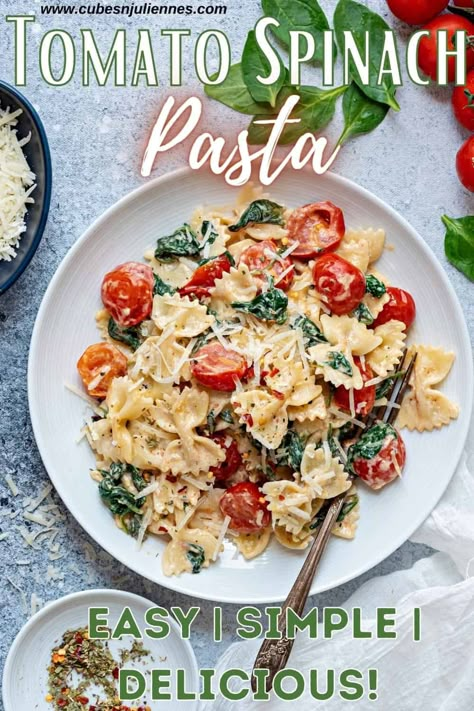 Creamy Tomato Spinach Pasta Recipes, Tomato Artichoke Spinach Feta Pasta, Pasta Cherry Tomatoes Spinach, Cherry Tomatoes And Spinach Recipes, Pasta Spinach Tomato Recipes, Pasta Recipes With Grape Tomatoes, Rotini Pasta Side Dishes Easy, Recipes Using Frozen Cherry Tomatoes, Pasta With Cherry Tomatoes And Spinach