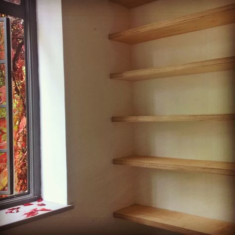 Floating shelves in birch ply, Camberwell Grove Plywood Shelving, Floating Tv Shelf, Floating Bookshelves, Floating Tv, Tv Shelf, Bookshelf Design, Shelf Lighting, White Laminate, Birch Ply