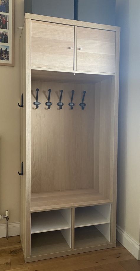 Combining 2 KALLAX for a super useful hallway unit - IKEA Hackers Ikea Kallax Coat Closet, Kallax Coat Rack, Shoe Storage Kallax, Ikea Kallax Hack Entryway, Kallax Hack Hallway, Ikea Kallax Hallway Ideas, Kallax Hallway Ideas, Kallax Hallway Storage, Ikea Hacks Hallway