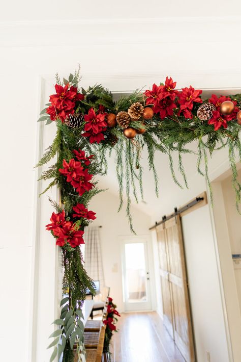 The Ultimate Garland Hanging Hack: Try This Curtain Rod Trick! Christmas Garland Curtain Rod, Curtain Pole Christmas Garland, Garland Curtain Rod Hack, Christmas Garland On A Tension Rod, Tension Rod Garland Christmas, Christmas Tension Rod Garland, Christmas Garland Archway Ideas, Curtain Rod Christmas Decor, Garland On Curtain Rod