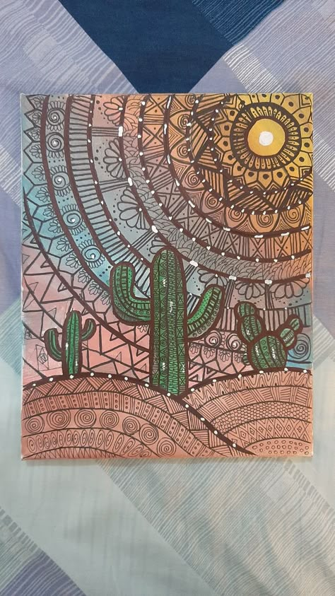 This art contains a mixture of mandala and zentangle in the Cactus and desert background. Best Zentangle Art, Cactus Zentangle Art, Desert Drawing Ideas, Cactus Drawing Aesthetic, Zentangle Cactus, Cactus Mandala, Cactus In Desert, Desert Drawing, Gel Pen Art