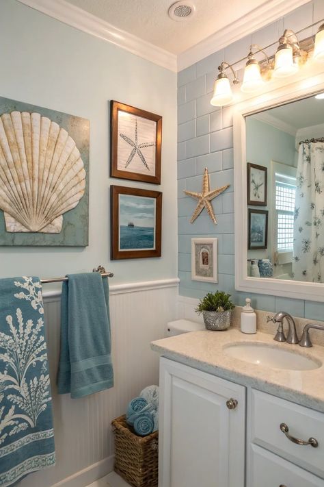 Costal Bathroom Blue, Seaside Bathroom Ideas, Coastal Farmhouse Bathroom Ideas, Ocean Bathroom Ideas, Beachy Bathroom Ideas, Light Blue Bathroom Ideas, Small Coastal Bathroom Ideas, White And Blue Bathroom, Beach Inspired Bathroom