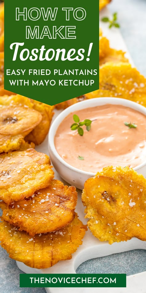 Portugese Recipe, Puerto Rican Tostones, Spanish Dinners, Ketchup Dip, Tostones Recipe, Fried Plantain Recipe, Puerto Rican Style, Belize Food, Hispanic Recipes