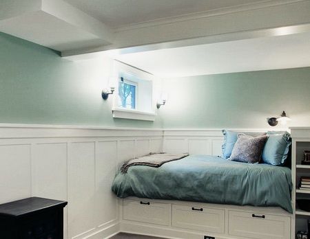 Crown Molding Ideas_26 Small Basement Bedroom, Built In Daybed, Granny Pods, Small Basement Remodel, Recreation Room, Basement Remodel Diy, Basement Bedroom, Small Basement, Small Bedrooms