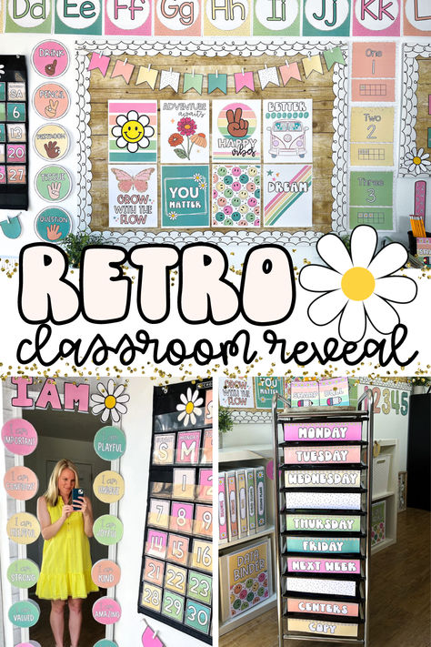 Be inspired to throw it back to the groovy days with my retro classroom decor reveal! This on-trend theme features a cheerful 5 color palette that brings a calming effect to your classroom while also giving it the life and energy it deserves. #retroclassroom #classroomdecor #classroomreveal  Retro Classroom Decor | Classroom Inspiration | Groovy Classroom Decor Retro Preschool Classroom, Checkerboard Classroom Theme, Groovy Theme Classroom, Groovy Retro Classroom Theme, Groovy Classroom Theme, Colorful Classroom Theme, Retro Classroom Theme, Groovy Classroom Decor, Classroom Color Scheme