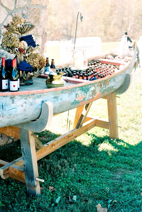 Canoe Beverage Holder Wedding, Wedding Canoe Drinks, Canoe Ice Cooler Wedding, Beach Picnic Wedding Reception, Wedding Ceremony Water Station, Drink Trough Wedding, Drink Canoe Wedding, Canoe Drink Station, Canoe Wedding Decor