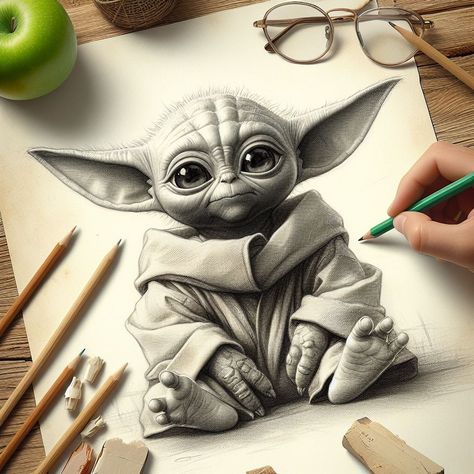 Yoda Tattoo Design, Baby Yoda Tattoo, Baby Yoda Drawing, Yoda Tattoo, Yoda Drawing, Female Sleeve, Sketches Pencil, Art Drawings Sketches Pencil, Tattoo Idea