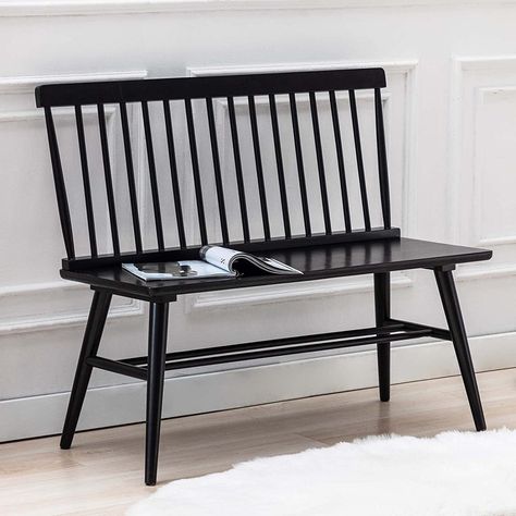 90s Colonial, Black Dining Bench, Windsor Bench, Colonial Renovation, Rustic Farmhouse Decor Ideas, New Build Kitchen, Gaines Farmhouse, Front Porch Bench, Accent Chair Living Room