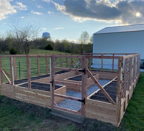 Walk In Raised Garden Beds Diy, Fenced In Raised Garden Beds Layout, Big Raised Garden Beds, Greenhouse With Garden Outside, Raised Rock Garden Beds, Walk In Garden Box Raised Beds, Raised Garden Beds Fenced In, Walk In Garden Ideas, Enclosed Raised Garden Beds Diy