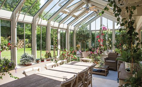 Space for 16 to dine and a layout to cultivate plants under glass comprised the brief for this Marston & Langinger project. Greenhouse Dining Room, Greenhouse Dining, Door Stripping, Log Burning Stoves, Central Hall, Conservatory Dining Room, Norwegian Design, Pine Doors, Timber Table