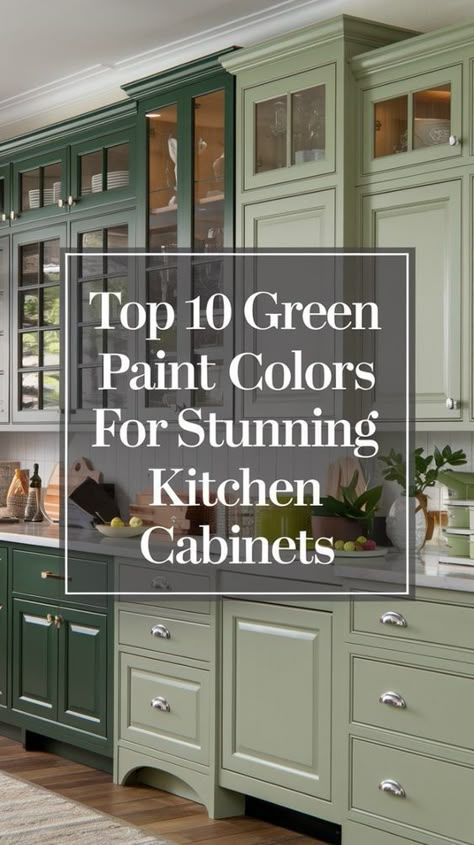 Discover the perfect shade for your kitchen makeover! From Benjamin Moore's lush greens to farmhouse-inspired olive tones, we've curated the top 10 green cabinet colors. Explore jade, sage, and Peale Green to create your dream green home paint color scheme. #GreenCabinetColors #KitchenDesign Green Kitchen Cabinets With Different Color Island, Green Color Scheme Kitchen, Kitchen Cabinet Green Paint Colors, Best Greens For Kitchen Cabinets, Painting Kitchen Cabinets Green, Earthy Kitchen Paint Colors, Paint Colors For Pantry, Benjamin Moore Green Kitchen, Benjamin Moore Green Cabinets