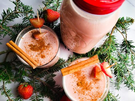 This Coquito de Fresa (Strawberry Coquito) is rich, creamy and yummilicious! A variation on the classic traditional coquito recipe. Add fresh or frozen strawberries and enjoy this delicious frothy concoction throughout the whole holiday season! #coquitodefresa #coquito #strawberrycoquito #puertoricancoquito #puertoricanholidayrecipes #recetasnavidenas Strawberry Coquito, Traditional Coquito Recipe, How To Make Coquito, Coconut Eggnog, Puerto Rican Chicken, Coquito Recipe, Mexican Appetizers, Adobo Seasoning, Fried Pork Chops