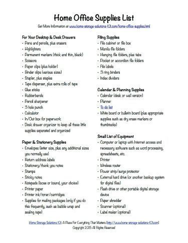 Free printable home office supplies list to make sure you've got everything you need at your fingertips for home paperwork and other general needs {on Home Storage Solutions 101} Office Supplies List, Household Notebook, Business Storage, Home Office Supplies, Office Organization At Work, Office Storage Solutions, Home Storage Solutions, Back To School Deals, Home Office Storage