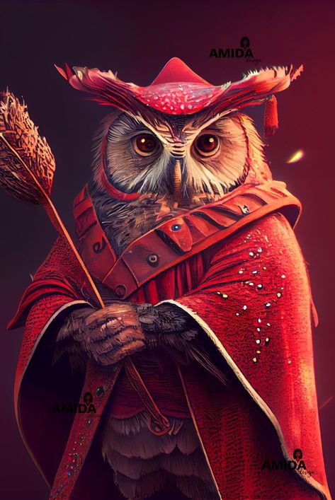 Owl wizard in a red robe holding a feather Owl Wizard, Awesome Owls, Owl Logo, Bird Motif, Animal Sanctuary, Dungeons And Dragons Homebrew, Halloween Images, Owl Art, Cute Owl