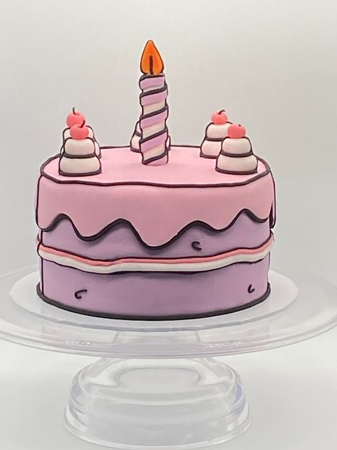 Pink and purple with sugar paste fondant cartoon style decorations 2d Birthday Cake Design, Cartoon Design Cake, Birthday Cake Fondant Woman, Cartoon Fondant Cake, Cake Figurines Fondant Figures, Portal Cake, Cake Design For Men, Cartoon Cake, 3d Cake