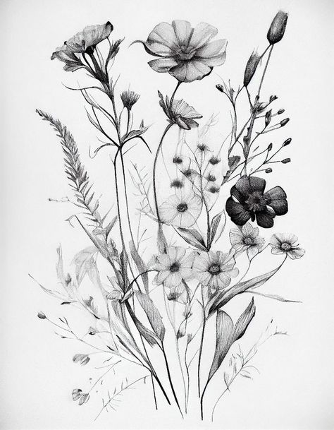 Flower Figure Drawing, Abstract Floral Drawing, Wildflower Side Tattoo, Wildflower Sleeve Tattoo Black And White, Illustrative Flower Tattoo, Flower Garden Tattoo, Nature Line Drawing, Wild Flowers Tattoo, Nature Tattoo Designs