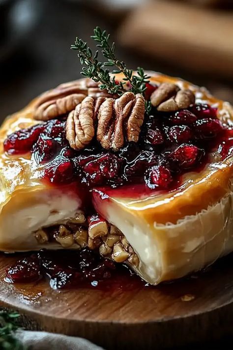 Baked Brie with Puff Pastry, Cranberry-Pepper Jelly, and Pecans is the perfect appetizer for holidays. Try it at your next party! Brie And Jelly Appetizer, Philo Dough Brie Cranberry, Baked Cranberry-brie Puff Pastry Appetizer, Brie Pepper Jelly Appetizer, Brie And Cranberry Bites, Brie In Puff Pastry With Jam, Baked Brie With Pepper Jelly, Cranberry Brie Bites Puff Pastries, Christmas Savory Appetizers