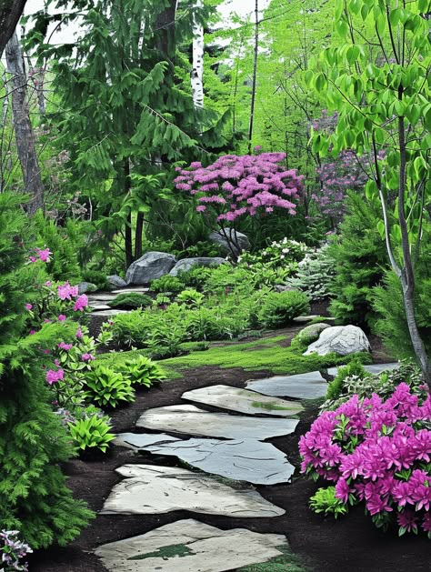 43 Stunning Deck Garden Ideas [Picture Post] Garden Hardscape Ideas, Hostas Landscaping, Adirondack Garden, Deck Garden Ideas, Wooded Backyard Landscape, Garden Focal Point, Shaded Garden, Azaleas Garden, Garden Rug