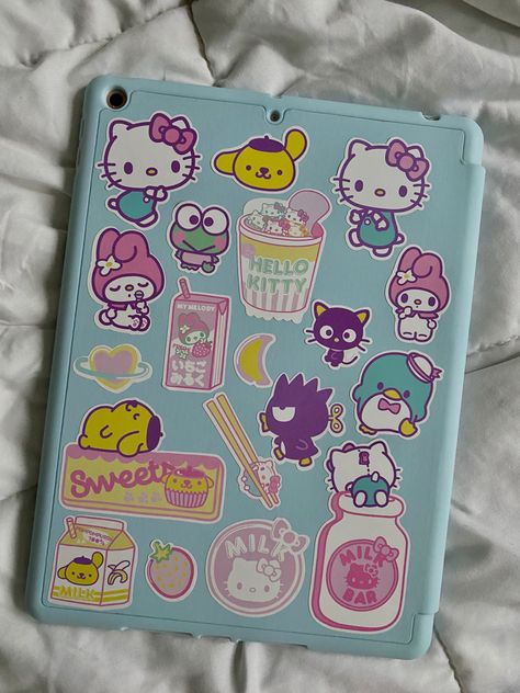 Blue ipad case covered in sanrio character stickers Sanrio Ipad Case, Kuromi Ipad Case, Kawaii Ipad Case, Ipad With Stickers, Ipad Case Decoration Ideas, Hello Kitty Ipad Case, Decorate Ipad Case, Ipad Case Stickers Ideas, Ipad Case Ideas