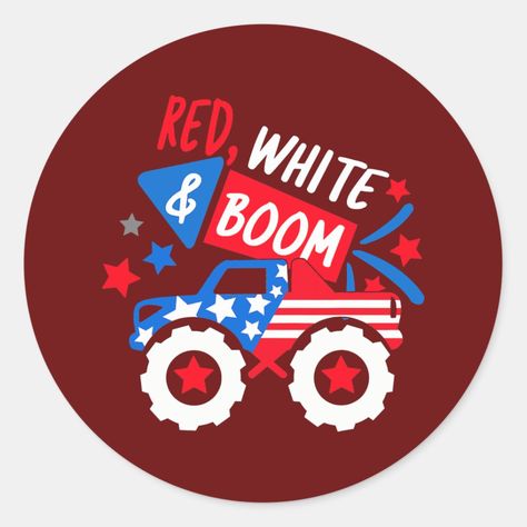 Red White Boom Monster Truck USA Flag Patriotic Classic Round Sticker Usa Stickers, Red White And Boom, Monster Truck, Usa Flag, Round Stickers, Sesame Street, Build Your Own, Note Pad, Water Bottles