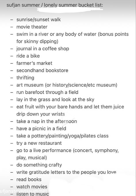 A Losers Guide To A Good Summer, Lonely Summer Ideas, Summer Solo Activities, Solo Things To Do In Summer, Sufjan Stevens Summer List, Losers Guide To A Good Summer, Romanticize Summer Aesthetic, Solo Bucket List, Solo Summer Aesthetic