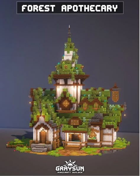 Cute Nature Minecraft Houses, Cute Minecraft Forest Builds, Minecraft House In Spruce Forest, Minecraft Greenery House, Moss Castle Minecraft, Woodland Minecraft Builds, Minecraft House Moss Roof, Forest Apothecary Minecraft, Koala Builds Minecraft