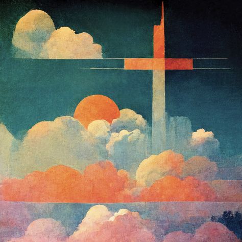 Mid Century christian poster, Christian Illustration, Vintage Christian print, Christian cross and clouds, Vintage heaven print Christian Poster Ideas, Cloud Illustration Design, Heaven Illustration, Hippie Christian, Church Illustration, Cross Illustration, Jesus Drawing, Cross Photography, Christian Youth