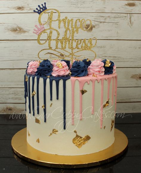 Cakes For Gender Reveal Party, Navy Blue Gender Reveal, Gender Reveal Drip Cake, Pink And Blue Cake Ideas, Navy And Blush Gender Reveal Cake, Navy Blue And Pink Cake, Blue And Pink Cake Design, Navy And Pink Gender Reveal Cake, Pink And Blue Cake