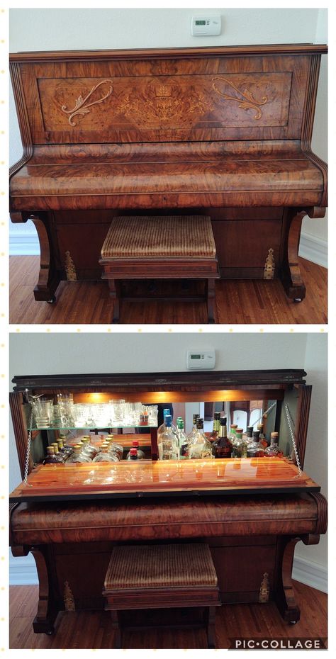 1868 Piccolo Cottage piano transformed into a bar. Epoxied cedar plank serves as bar top. 2021 Piano Bar, Cedar Planks, Bar Top, A Bar, Piano, Cottage, Bar