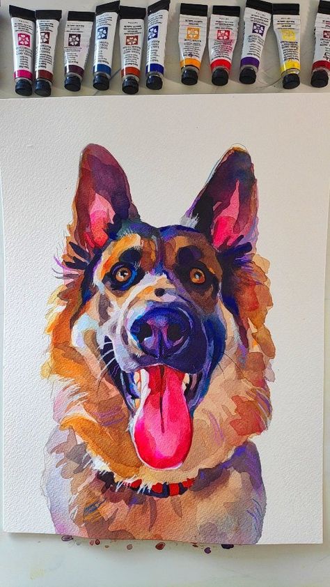 German Shepherd Art Painting, Watercolor German Shepherd, Akvarel Painting, Marker Inspiration, German Shepherd Painting, Karla Gerard, German Shepherd Art, Watercolor Dog Portrait, Dog Portraits Art