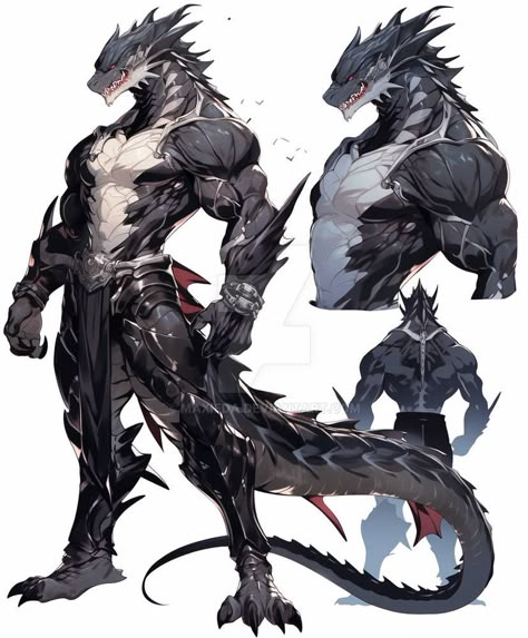 Humanoid Dragon Art, 7 Headed Dragon, Humanoid Dragon Male, Dragon Human Hybrid Male, Humanoid Monster Concept Art, Dragon Man Hybrid, Dragonborn Character Design, Dragon Human Hybrid, Dragon Human Form