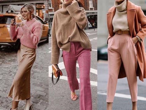 Mauve And Brown Outfit, Brown And Pink Combo Outfit, Lilac Handbag Outfit, Muted Color Outfits Women, Tone On Tone Outfits, Light Pink And Brown Outfit, Pink Color Palette Outfit, Mauve Outfit Ideas Color Combos, Apricot Color Outfit