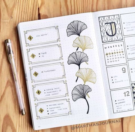 Bujo Weekly Spread, Art Deco Theme, Bullet Journal Ideas Templates, Bullet Journal Hacks, Ginkgo Leaves, Bullet Planner, Creation Art, Bullet Journal Weekly Spread, Bullet Journal Notebook