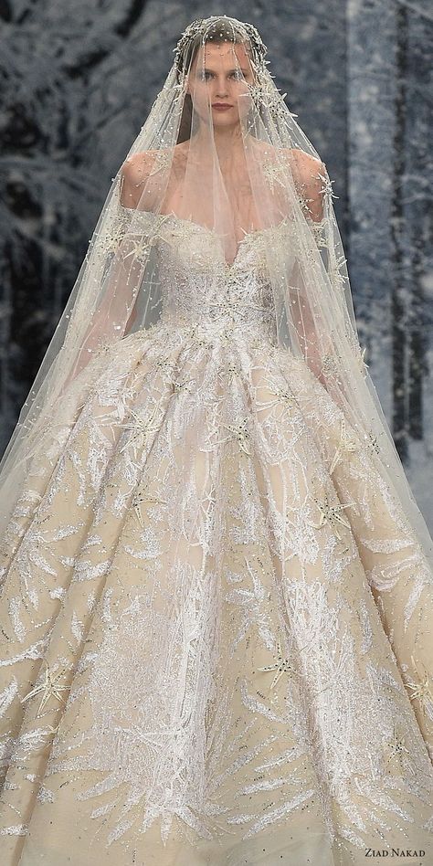 Style 1 by Ziad Nakad Couture Fall 2017 / Fairytale // off the shoulder, v neck,  full embellishment, princess ball gown, A-line, open v back, royal train Ziad Nakad Couture, Winter Wedding Bride, Royal Train, Ziad Nakad, Wedding Inspirasi, Snow Crystal, Couture Wedding Gowns, Amazing Wedding Dress, Bride Fashion