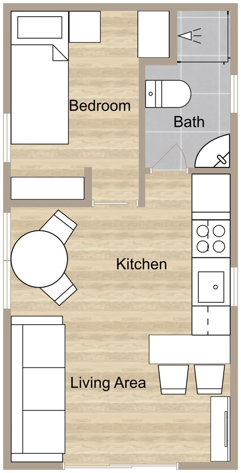 A beige 2D floor plan of a narrow, single home with an open concept. Studio Open Floor Plan, 350 Sf Floor Plan, Tiny Floor Plans Layout, 16x28 Tiny House, 1 Level Tiny House, One Bedroom Studio Apartment Floor Plans, Mobile Tiny House Floor Plans, Tiny Home Open Floor Plan Layout, 20 X 30 Floor Plan Layout 1 Bedroom